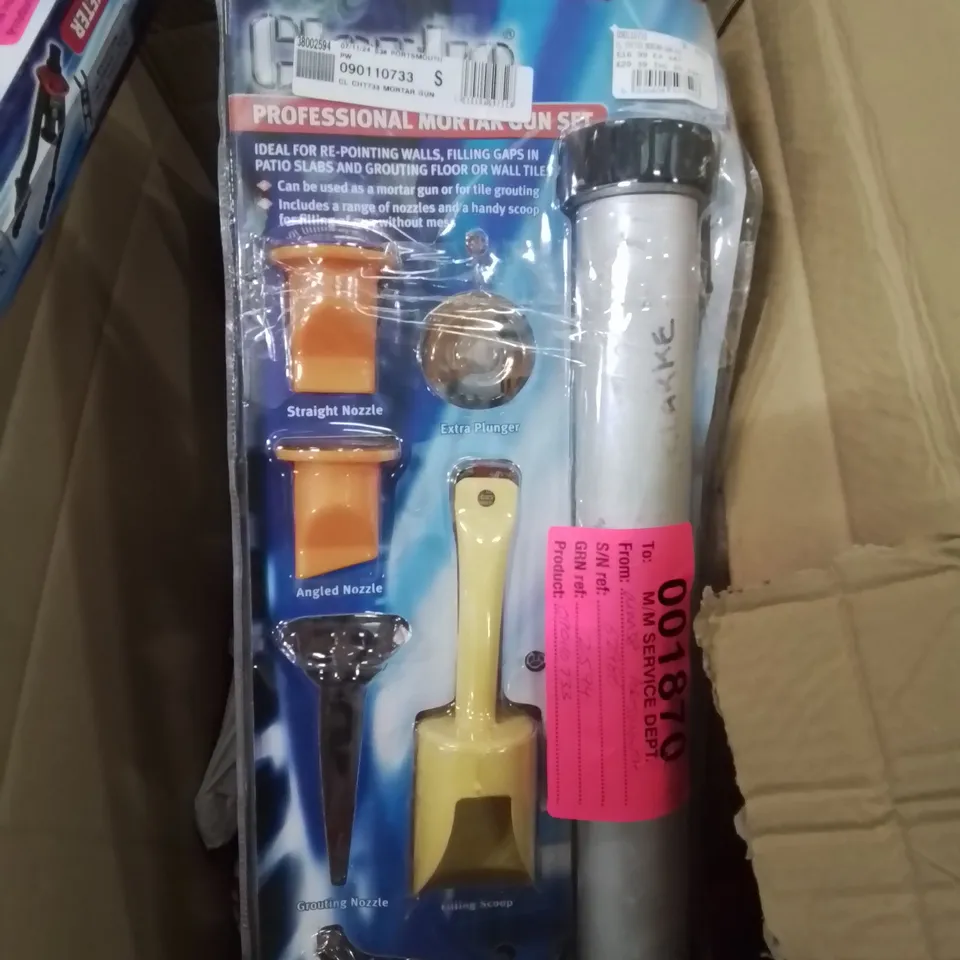 BOX OF MIXED TOOLS TO INCLUDE: PROFESSIONAL JIGSAW, LONG ARM3D NUT RIVETER, METAL VICE/CLAMP AND A MORTAR GUN SET