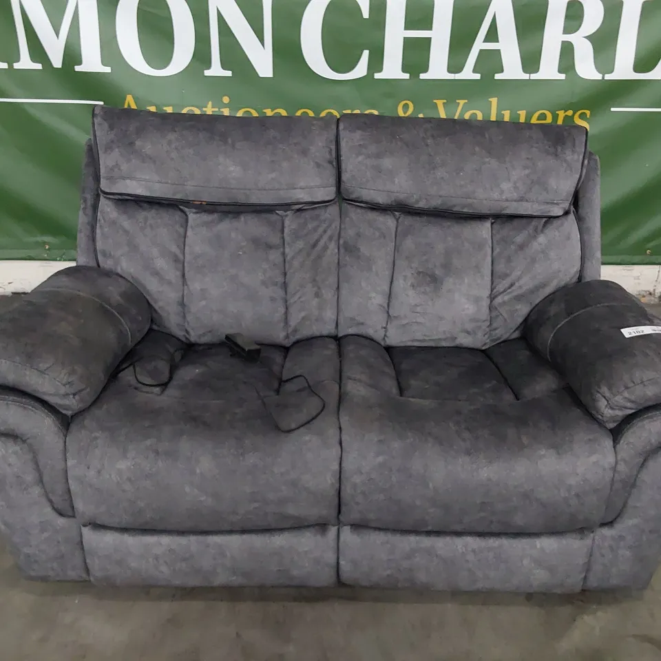 DESIGNER ORION POWER RECLINING TWO SEATER SOFA CHARCOAL SUEDE WITH BLACK PIPING 