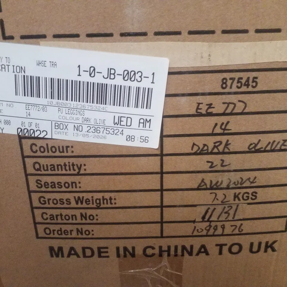 BOX CONTAINING APPROXIMATELY 22 BRAND NEW JD WILLIAMS CARK OLIVE PU LEGGINGS - SIZE 14