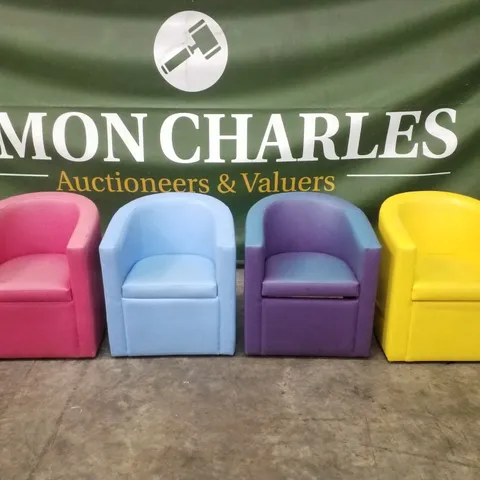 SET OF 4 BISTRO/CAFÉ LEATHER LOUNGE BUCKET CHAIRS - YELLOW, PINK, PURPLE & BLUE