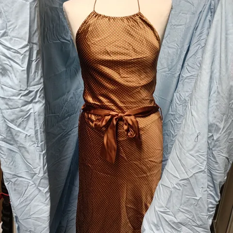 UK 8 COAST WOMEN'S DRESS – BROWN SATIN WITH WHITE POLKA DOTS