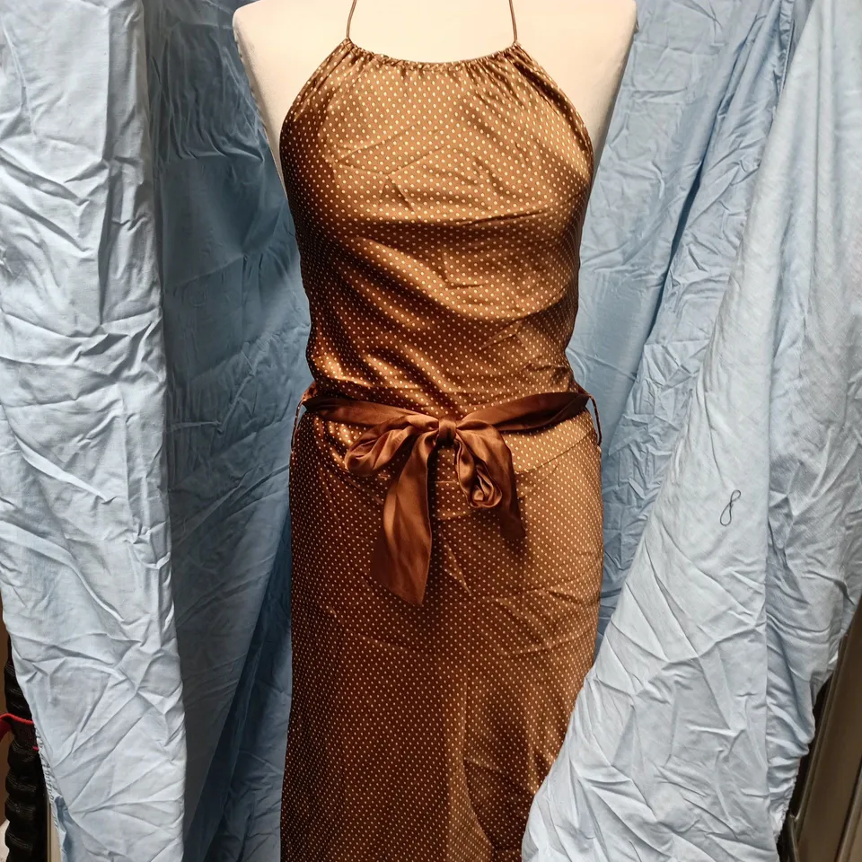 UK 8 COAST WOMEN'S DRESS – BROWN SATIN WITH WHITE POLKA DOTS