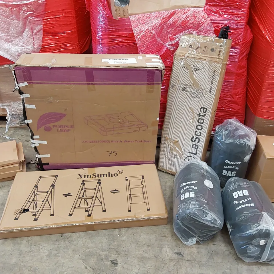 PALLET OF ASSORTED ITEMS INCLUDING: 100KG PLASTIC WATER TANK, STEP LADDER, BLUEVER SLEEPING BAGS, DUMBELL SET, HAND CLAMPS