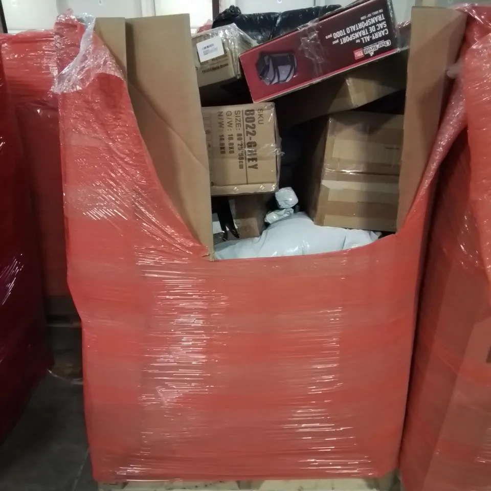 PALLET CONTAINING VARIOUS ASSORTED ITEMS TO INCLUDE: OFFICE/GAMING CHAIR, CHAR-BROIL CARRY ALL CASE, TV WALL MOUNTS AND LOTS MORE UNMARKED BOXED ITEMS 