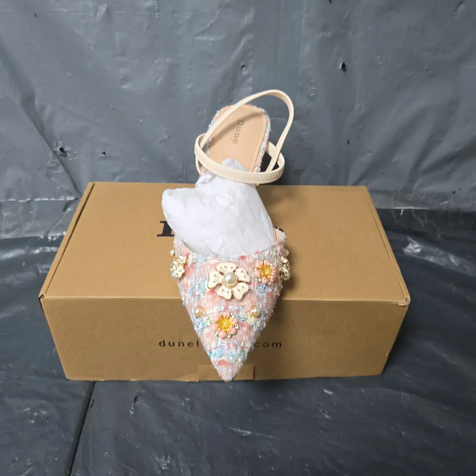 BOXED PAIR OF DUNE LONDON DIANA FLORAL HEELS IN MULTI - UK 6