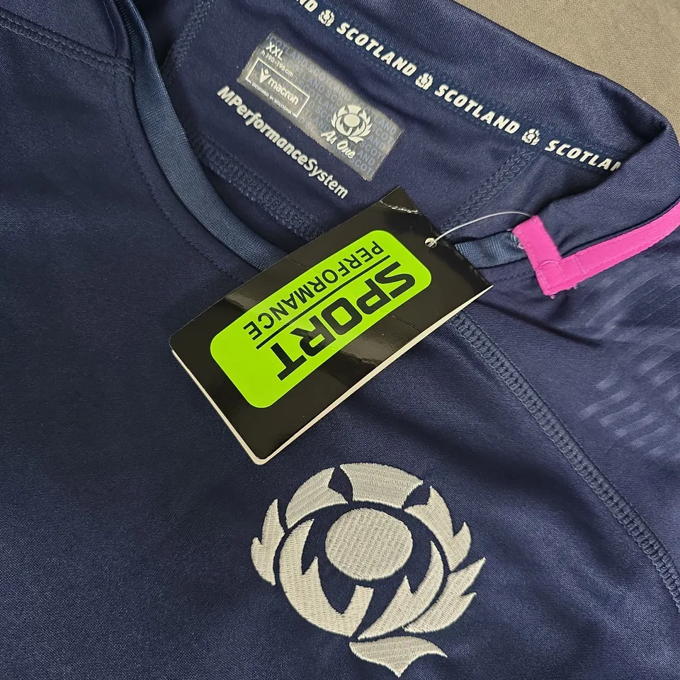 SCOTLAND RUGBY JERSEY BY MACRON – NAVY WITH VODAFONE & ARNOLD CLARK LOGOS, UK XL