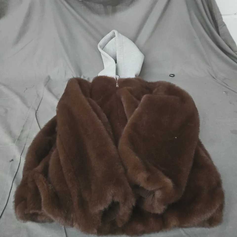 ZARA BROWN FAUX FUR COAT WITH GREY HOODIE INSERT SIZE XS