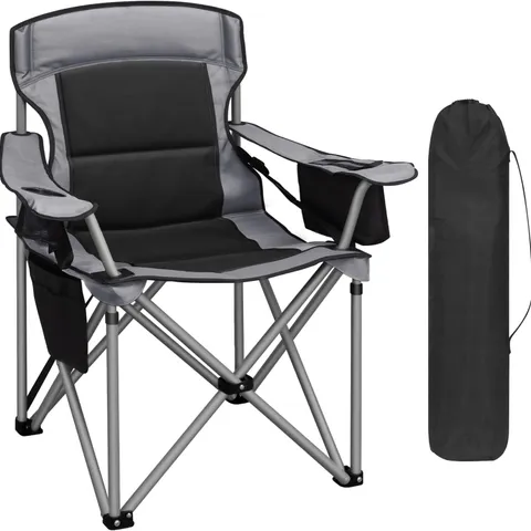 BOXED HZUANERI FOLDING CAMPING CHAIR FOR ADULTS OVERSIZED 220KG, HEAVY DUTY PADDED CAMPING CHAIR WITH ADJUSTABLE LUMBAR SUPPORT, COOLER BAG, CUP HOLDER FOR GARDEN BALCONY FISHING BLACK AND GREY (1 BOX