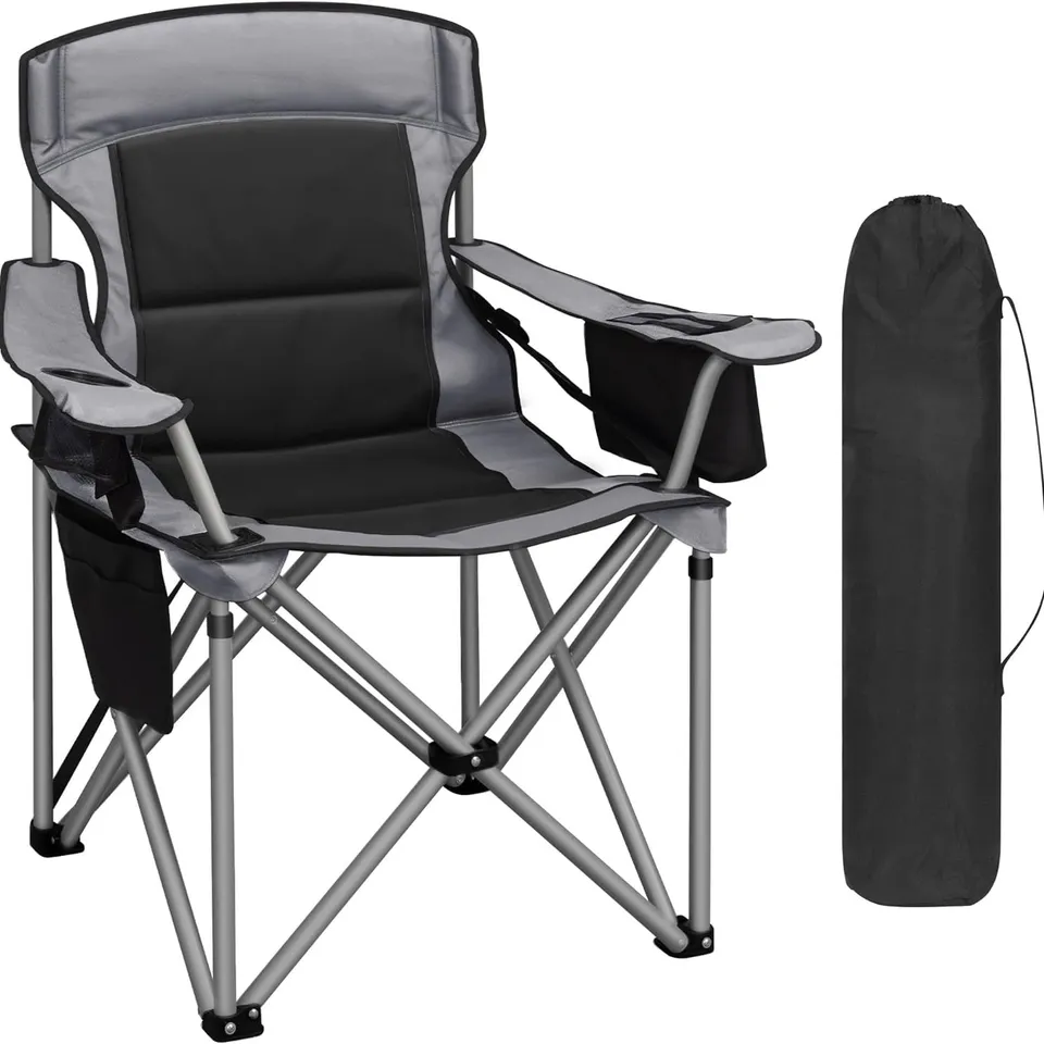 BOXED HZUANERI FOLDING CAMPING CHAIR FOR ADULTS OVERSIZED 220KG, HEAVY DUTY PADDED CAMPING CHAIR WITH ADJUSTABLE LUMBAR SUPPORT, COOLER BAG, CUP HOLDER FOR GARDEN BALCONY FISHING BLACK AND GREY (1 BOX