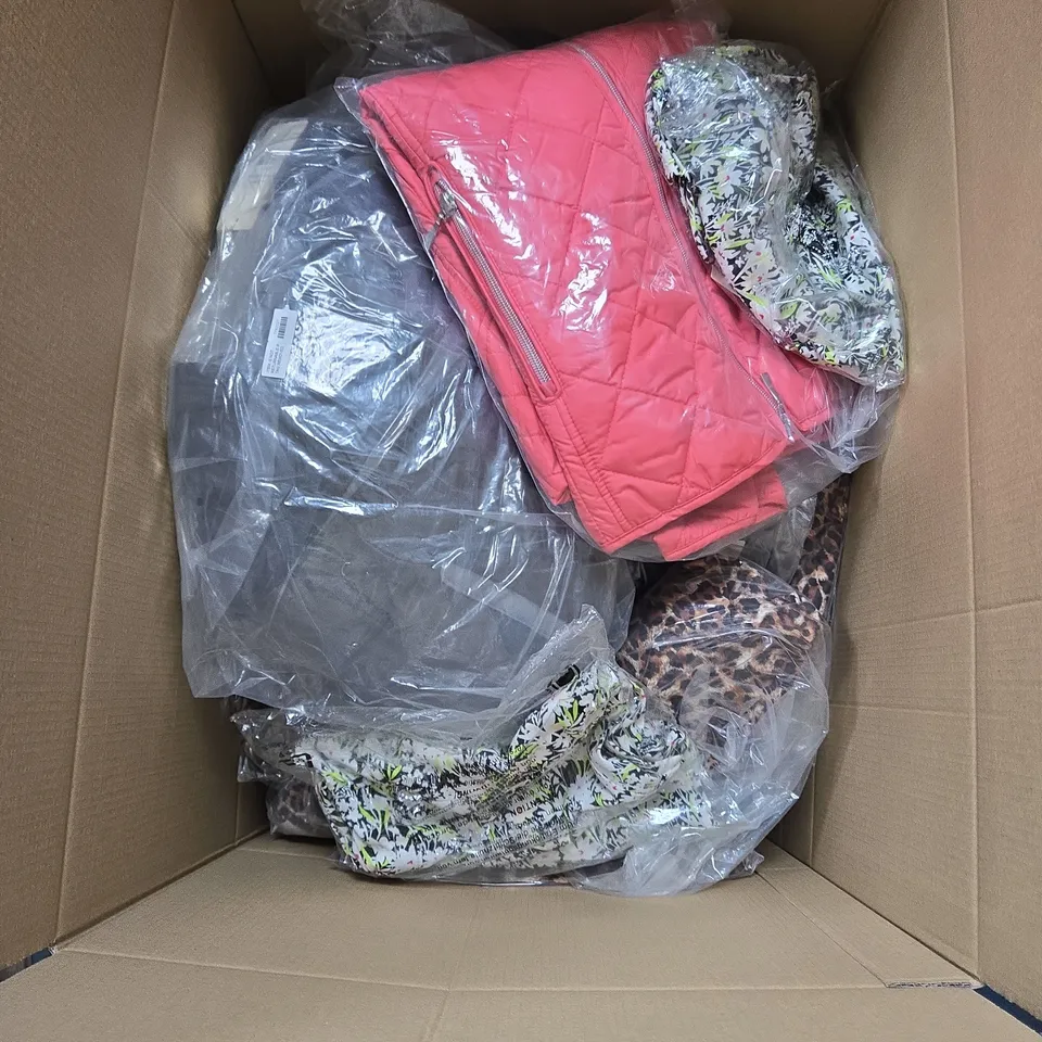 BOX OF APPROXIMATELY 30 ASSORTED CLOTHING ITEMS IN VARIOUS STYLES , COLOURS AND SIZES