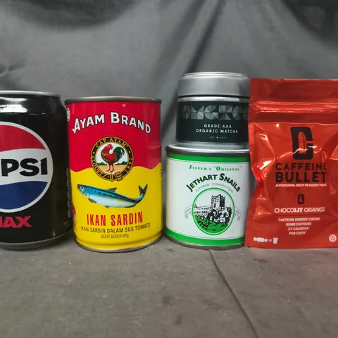 APPROXIMATELY 10 ASSORTED FOOD AND DRINK ITEMS TO INCLUDE PEPSI, CAFFEINE BULLET, ETC