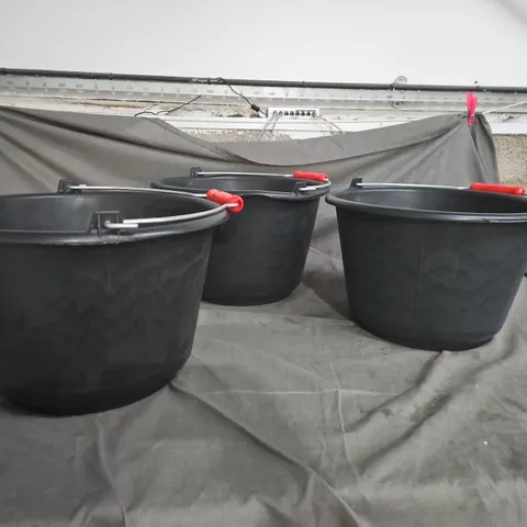 SET OF 3 BLACK PLASTIC BUCKETS WITH RED-HANDLED METAL HANDLES