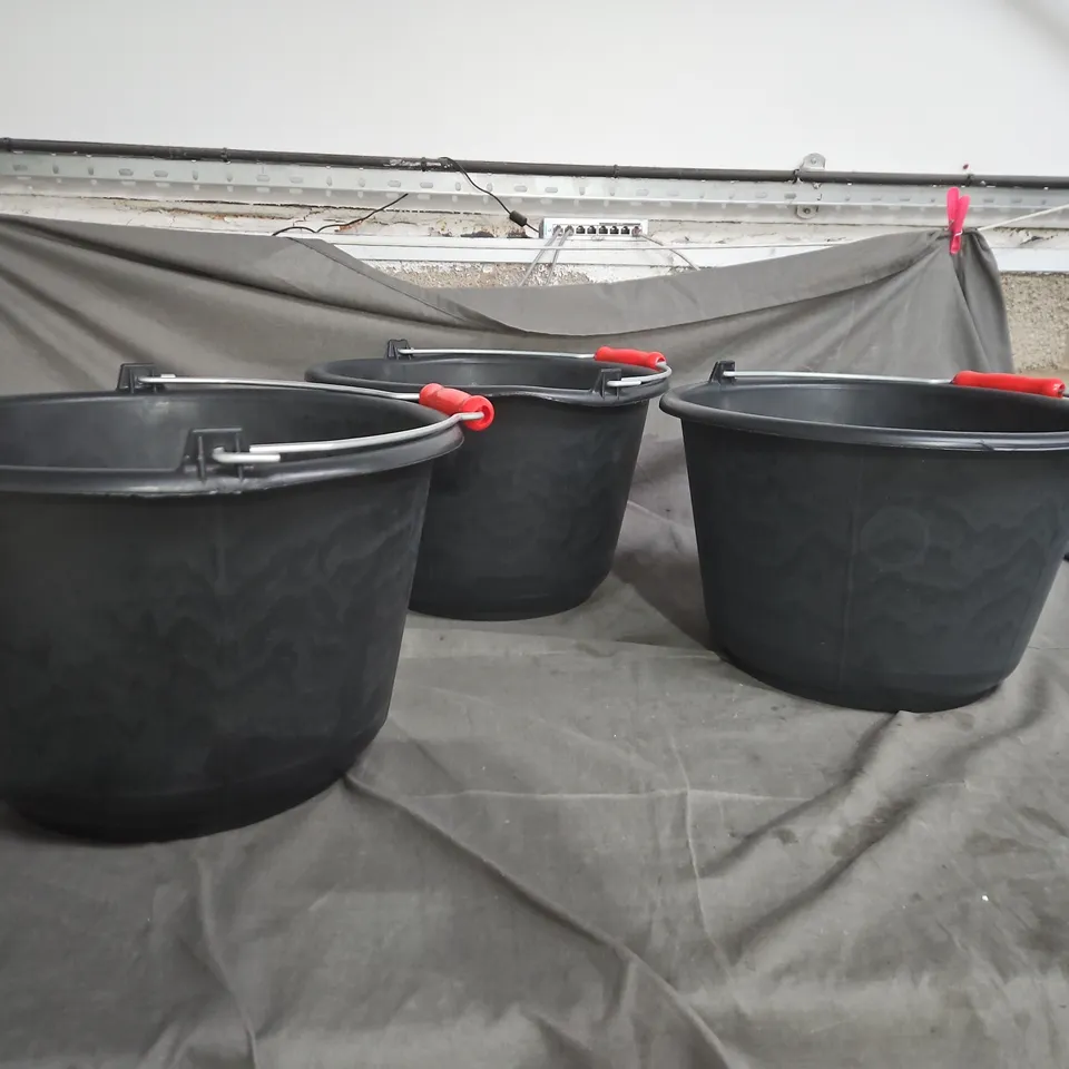 SET OF 3 BLACK PLASTIC BUCKETS WITH RED-HANDLED METAL HANDLES