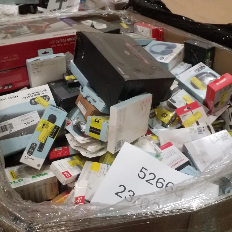 PALLET CONTAINING ASSORTED ELECTRICAL RETURNS INCLUDING CD BOOMBOX, CANON PIXMA PRINTER, SELFIE RING LIGHT, OUTDOOR SECURITY WIFI CAMERA & HDMI DVD PLAYER