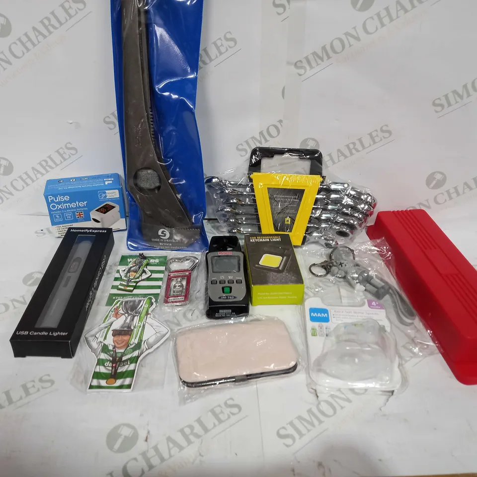 BOX TO CONTAIN APPROX 25 X ASSORTED HOUSEHOLD PRODUCTS, INCLUDES WRENCH, DIY TOOLS, USB CANDLE LIGHTER ETC 
