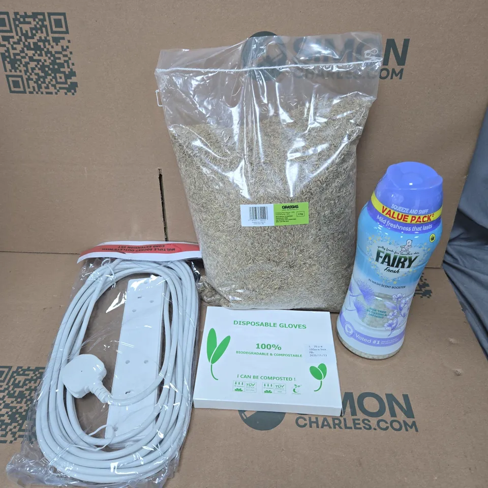 BOX OF APPROXIMATELY 20 ASSORTED HOUSEHOLD ITEMS TO INCLUDE LENOR IN WASH SCENT BOOSTERS, 4 GANG EXTENSION SOCKET AND 2KG OF GRASS SEEDS