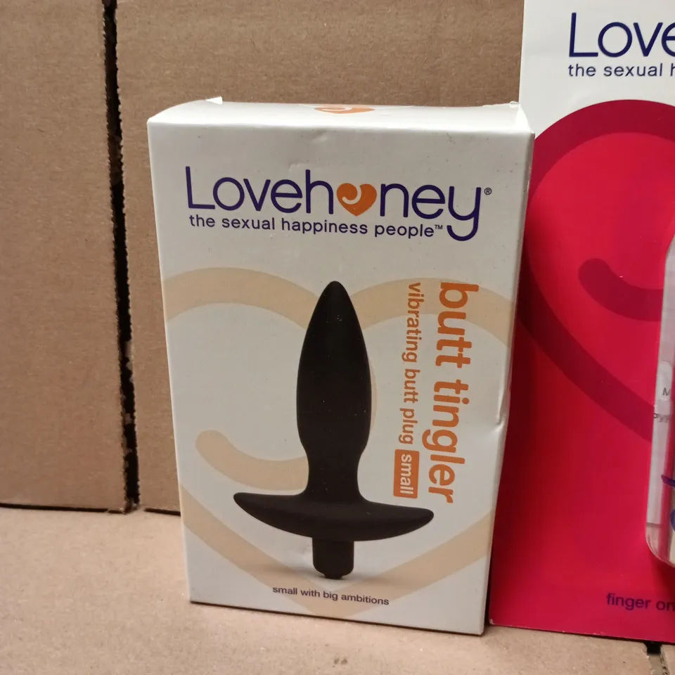LOT OF 4 SEALED LOVEHONEY ADULT PLEASURE ITEMS TO INCLUDE NIPPLE SUCKERS, C*CK RING AND MAGIC BULLET