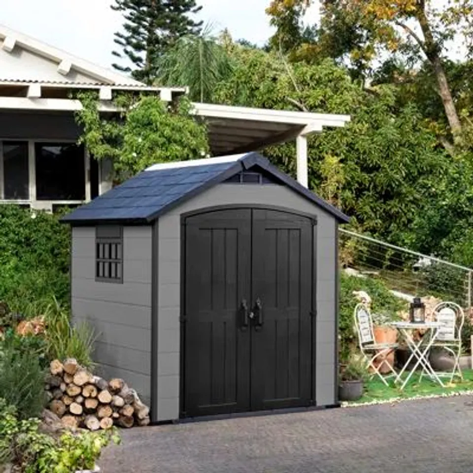 BOXED KETER PREMIER 7FT W × 7FT D APEX OUTDOOR GARDEN SHED (2 BOXES)