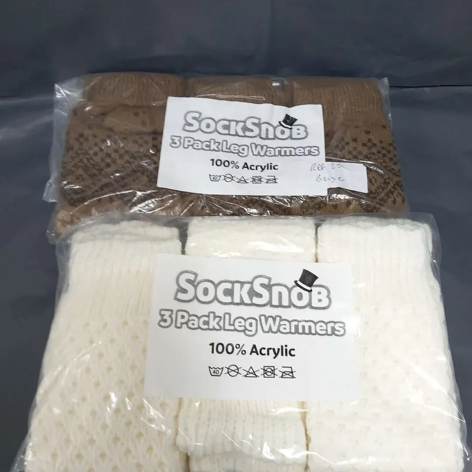 APPROXIMATELY 30 PACKS OF THREE SOCK SNOB LEG ASSORTED WARMERS