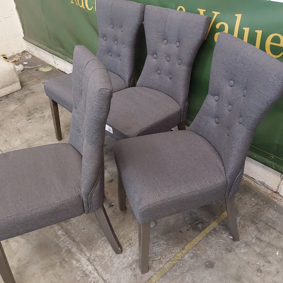 SET OF FOUR UPHOLSTERED DINING CHAIRS BUTTONED BACK CHARCOAL FABRIC ON SILVER WOOD LEGS