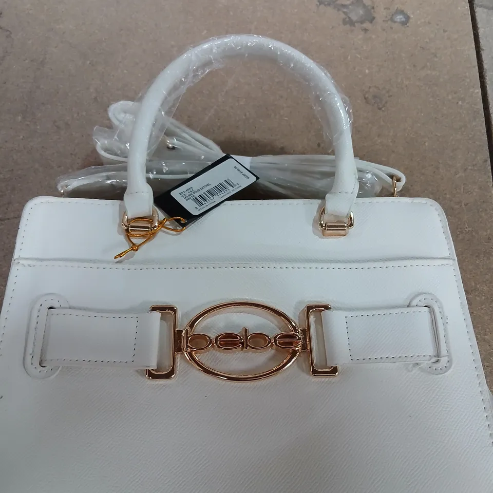 BEBE WHITE SATCHEL HANDBAG – GOLD LOGO HARDWARE