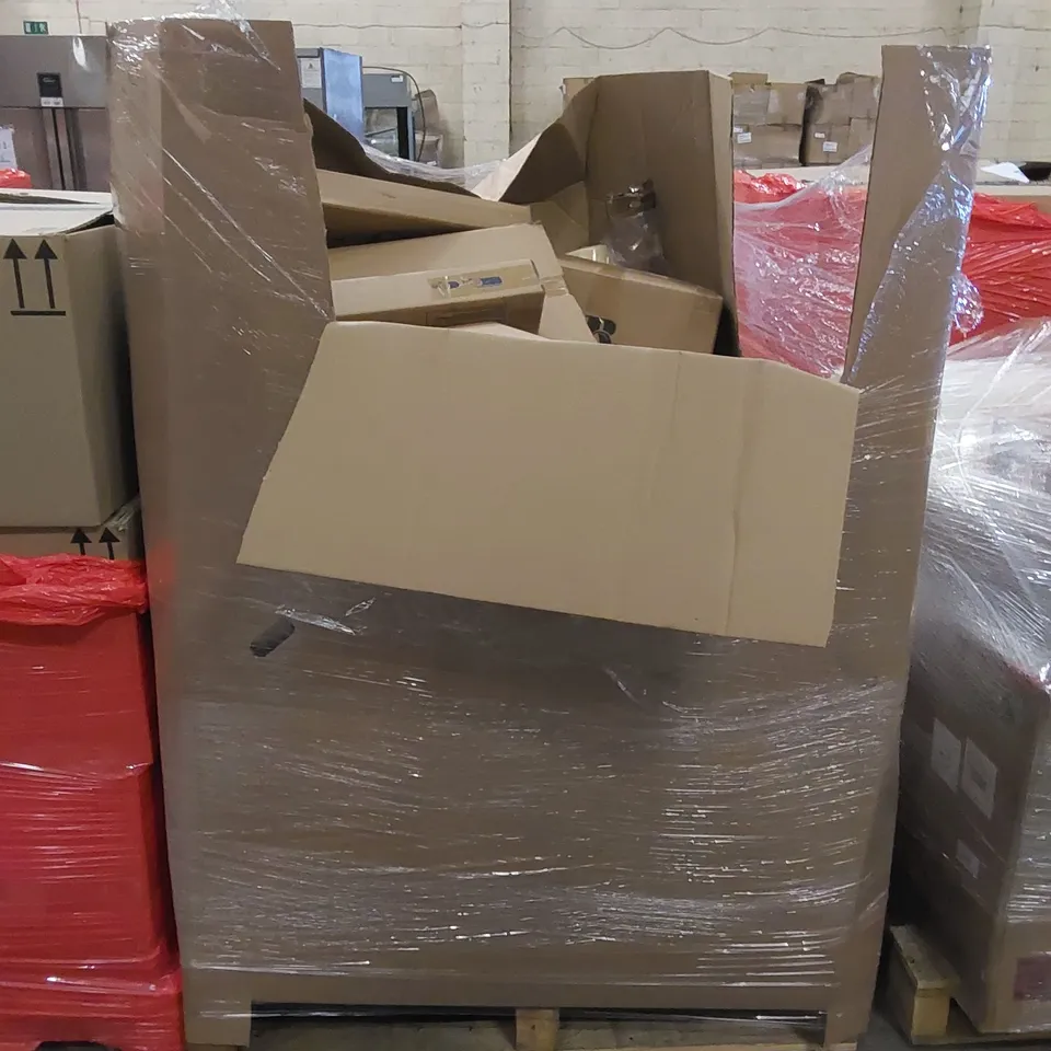 PALLET CONTAINING ASSORTED HOUSEHOLD PRODUCTS. INCLUDES AUTUMN WREATH, TOILET SEATS, ELECTRIC FRYER, HEATED BLANKET, RAIN SHOWER SYSTEM, DOWNRIGHT ETC 