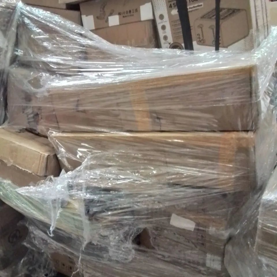 PALLET CONTAINING VARIOUS ASSORTED BOXED ITEMS TO INCLUDE. GARDEN TRIMMERS, COOKWARE SET, 4 SLICE TOASTER AND LOTS MORE UNMARKED BOXED ITEMS 