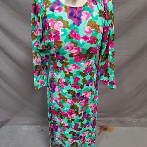 OLIVER BONAS BLURRED FLORAL PRINT MIDI DRESS IN GREEN SIZE 6