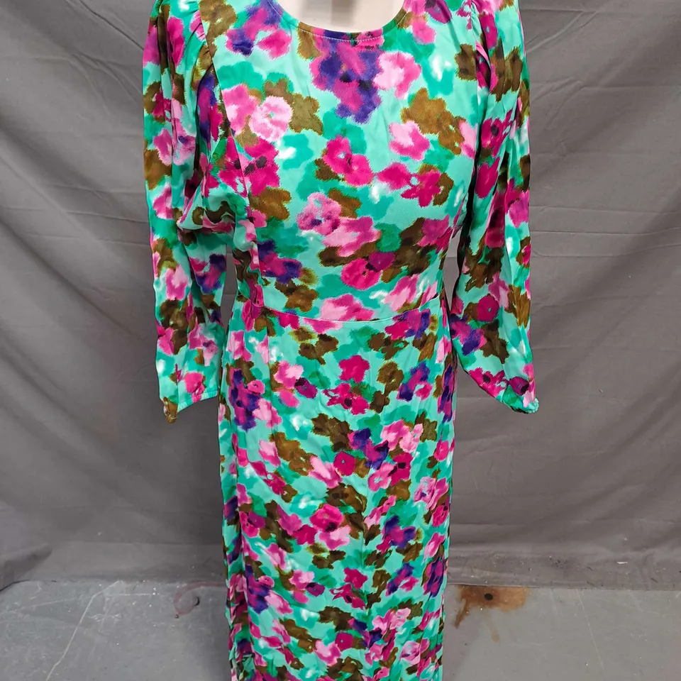 OLIVER BONAS BLURRED FLORAL PRINT MIDI DRESS IN GREEN SIZE 6