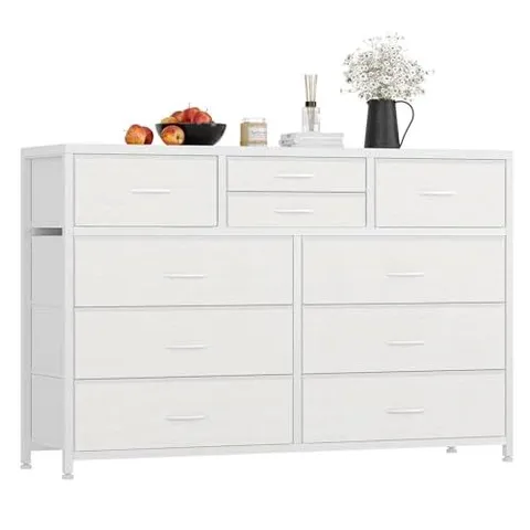 BOXED GARVEE WIDE 10 DRAWER DRESSER,TV STAND ENTERTAINMENT CENTER FABRIC STORAGE DRESSERS DRAWERS FOR BEDROOM, HALLWAY, NURSERY, CLOSETS, STEEL FRAME, WOOD TOP (WHITE)