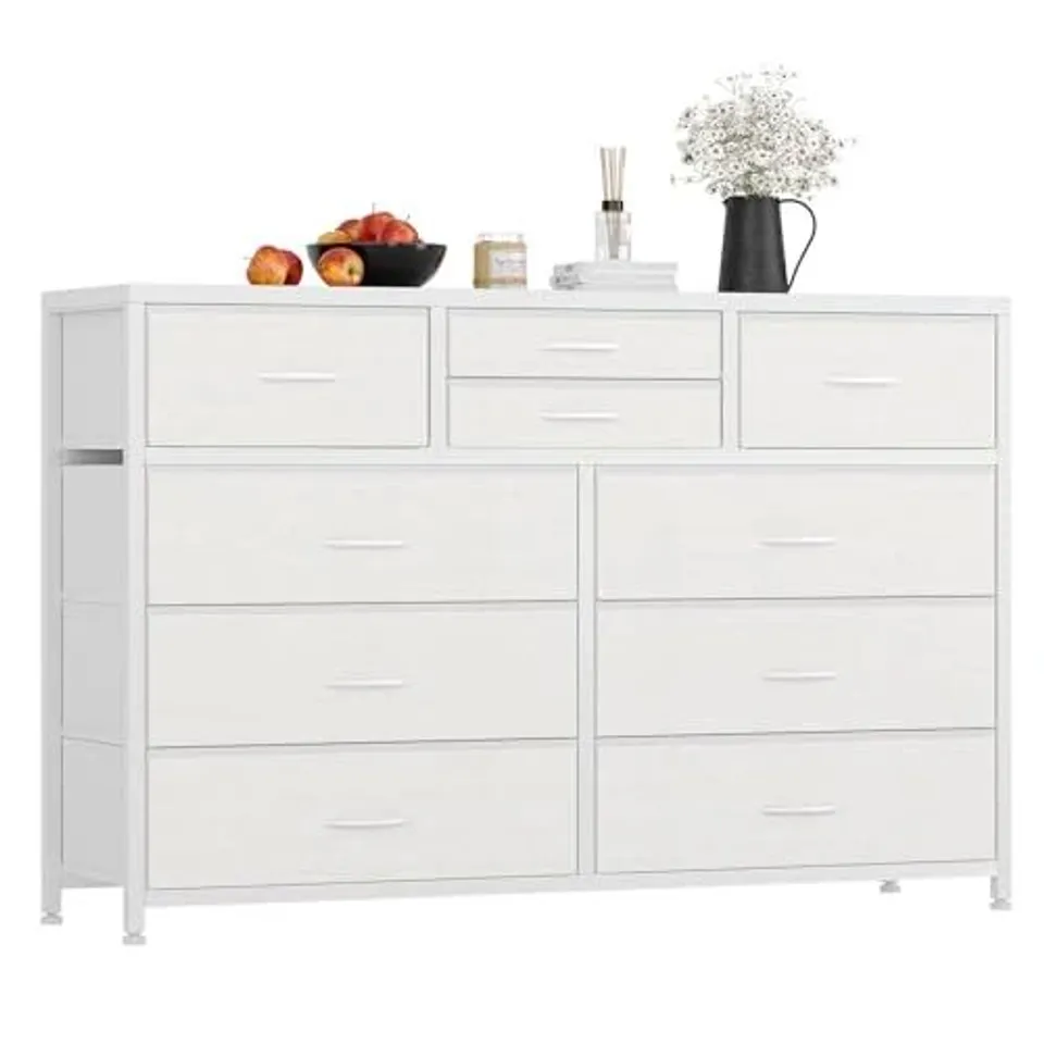 BOXED GARVEE WIDE 10 DRAWER DRESSER,TV STAND ENTERTAINMENT CENTER FABRIC STORAGE DRESSERS DRAWERS FOR BEDROOM, HALLWAY, NURSERY, CLOSETS, STEEL FRAME, WOOD TOP (WHITE)
