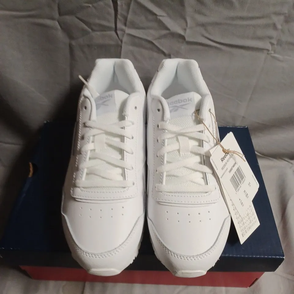 BOXED PAIR OF REEBOK ROYAL GLIDE KIDS' RUNNING SHOES, WHITE –UK SIZE 3.5