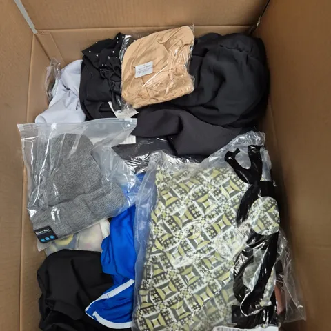 LARGE BOX OF APPROXIMATELY 20 ASSORTED CLOTHING ITEMS IN VARIOUS SIZES, STYLES AND COLOUR