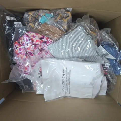 LARGE BOX OF APPROX 20 ASSORTED CLOTHING ITEMS IN VARIOUS STYLES , SIZES AND COLORS
