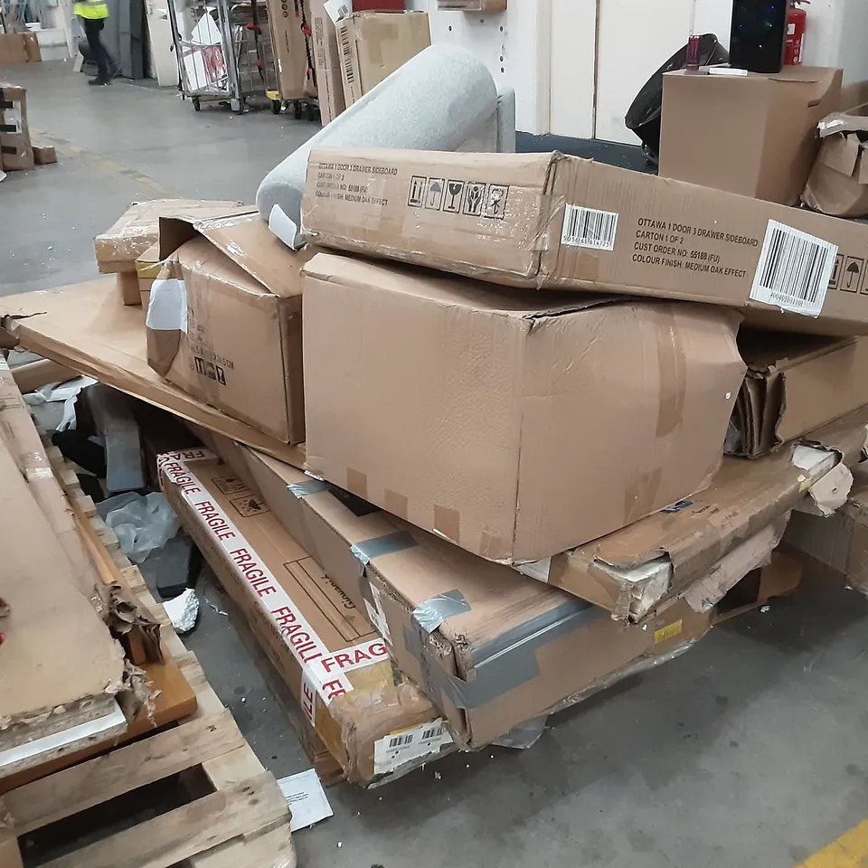 PALLET CONTAINING BOXED FURNITURE INCLUDING,  SIDE BOARD , TEA LIGHT HOUSE , LIGHT SHADE ,LAMP TABLE 