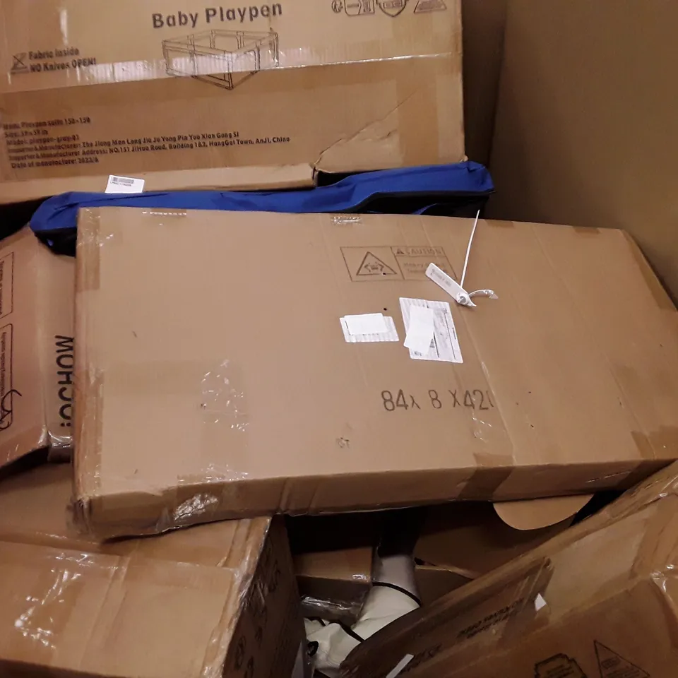 PALLET OF ASSORTED HOUSEHOLD ITEMS TO INCLUDE DRYWALL SANDER, WEDDING BOOKS, PLAY PENS AND AIR FRYER