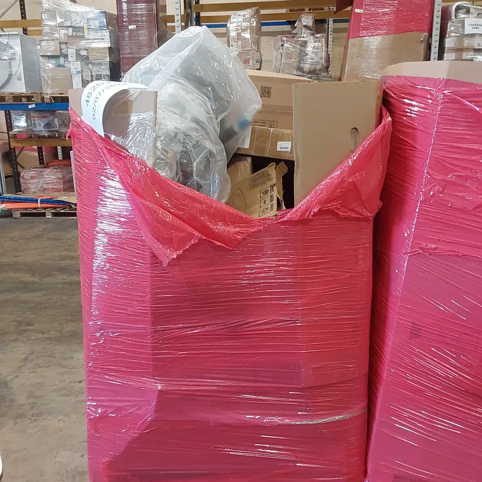 PALLET OF ASSORTED HOUSEHOLD ITEMS AND CONSUMER PRODUCTS TO INCLUDE; TOILET SEAT, BOXED FURNITURE ETC 