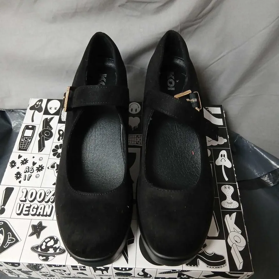 KOI TIRA BLACK MARY JANE SHOES – SUEDE EDITION, GOLD BUCKLE, UK 8
