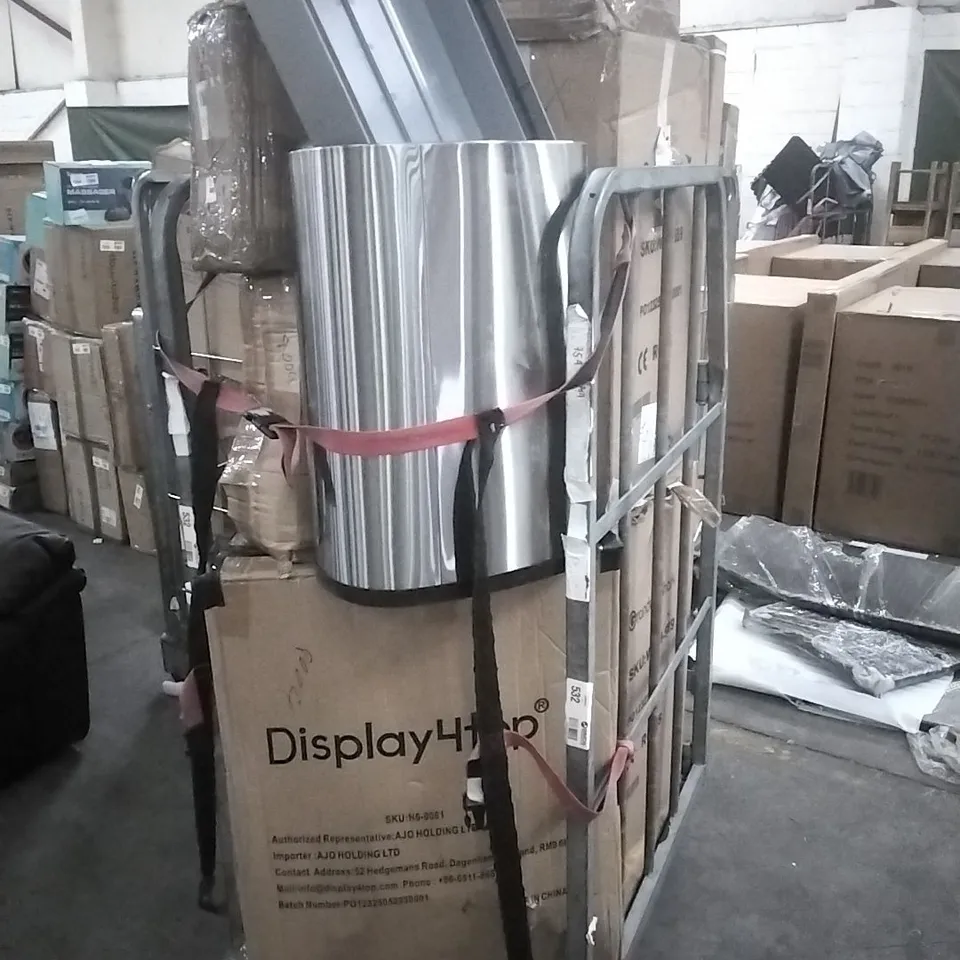 CAGE OF ASSORTED GOODS AND PRODUCTS TO INCLUDE; WATER BIN,VELVET HANGARS AND PROJECTION SCREENS