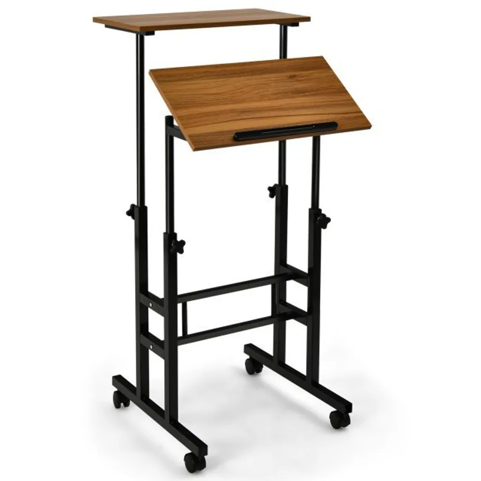 BOXED COSTWAY 2 TIER ADJUSTABLE STANDING DESK ON WHEELS - WALNUT (1 BOX)