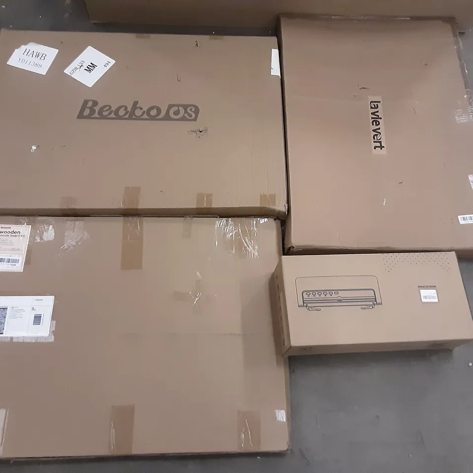 PALLET OF ASSORTED PRODUCTS INCLUDING BECKO US, LA VIE VERT, MCJOY V63 VACUUM SEALER, OLSEN & SMITH WIRELESS KEYBOARD AND MOUSE, DOG HOUSE BROWN 