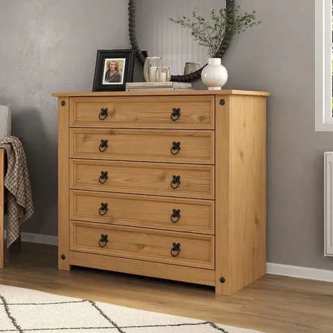 BOXED STEPHANIA 5 DRAWER 89CM W SOLID WOOD CHEST OF DRAWERS 
