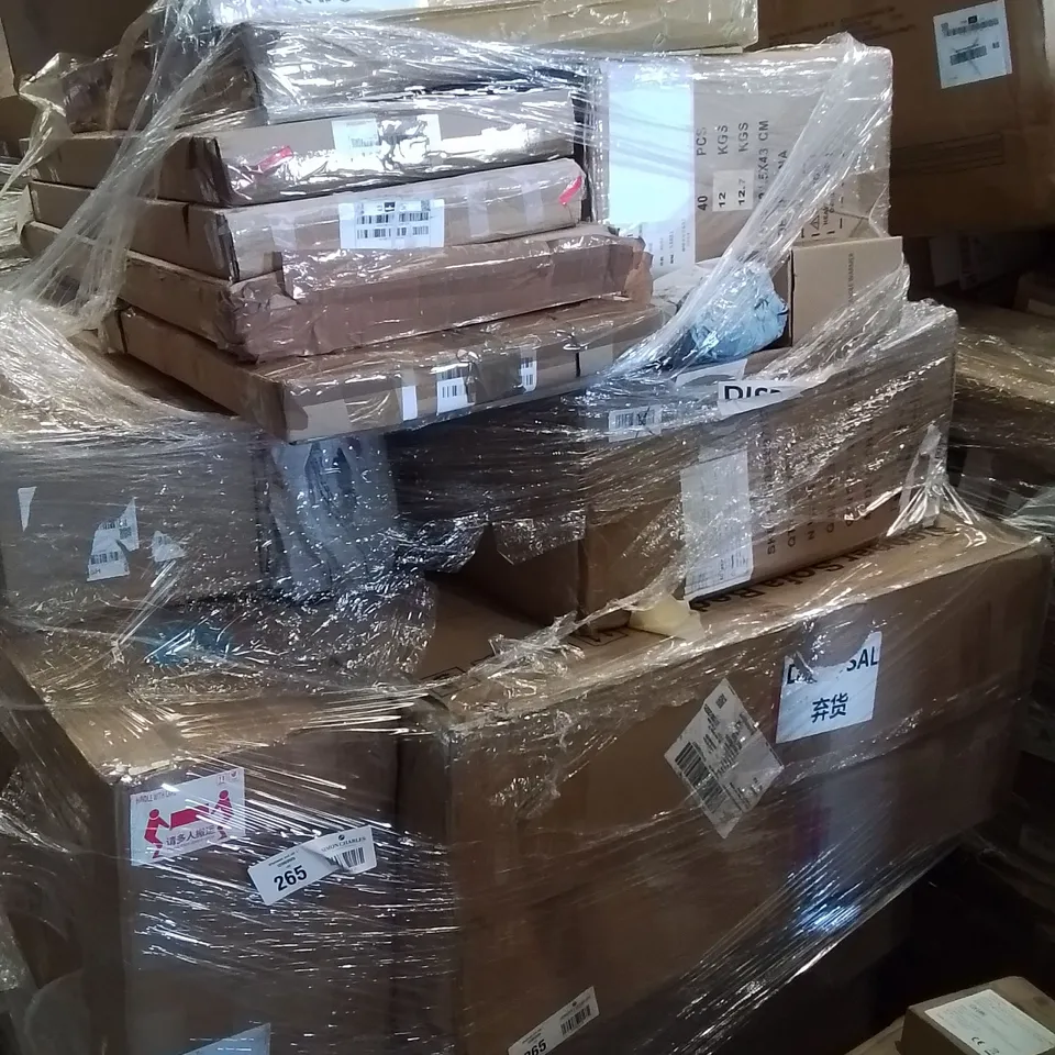 PALLET CONTAINING VARIOUS ASSORTED BOXED ITEMS TO INCLUDE: MEAT GRINDER, TELESCOPIC WINDOW CLEANER, JEWELLERY CABINET MIRROR, CORDLESS VACUUM CLEANER AND LOTS MORE UNMARKED BOXED ITEMS 