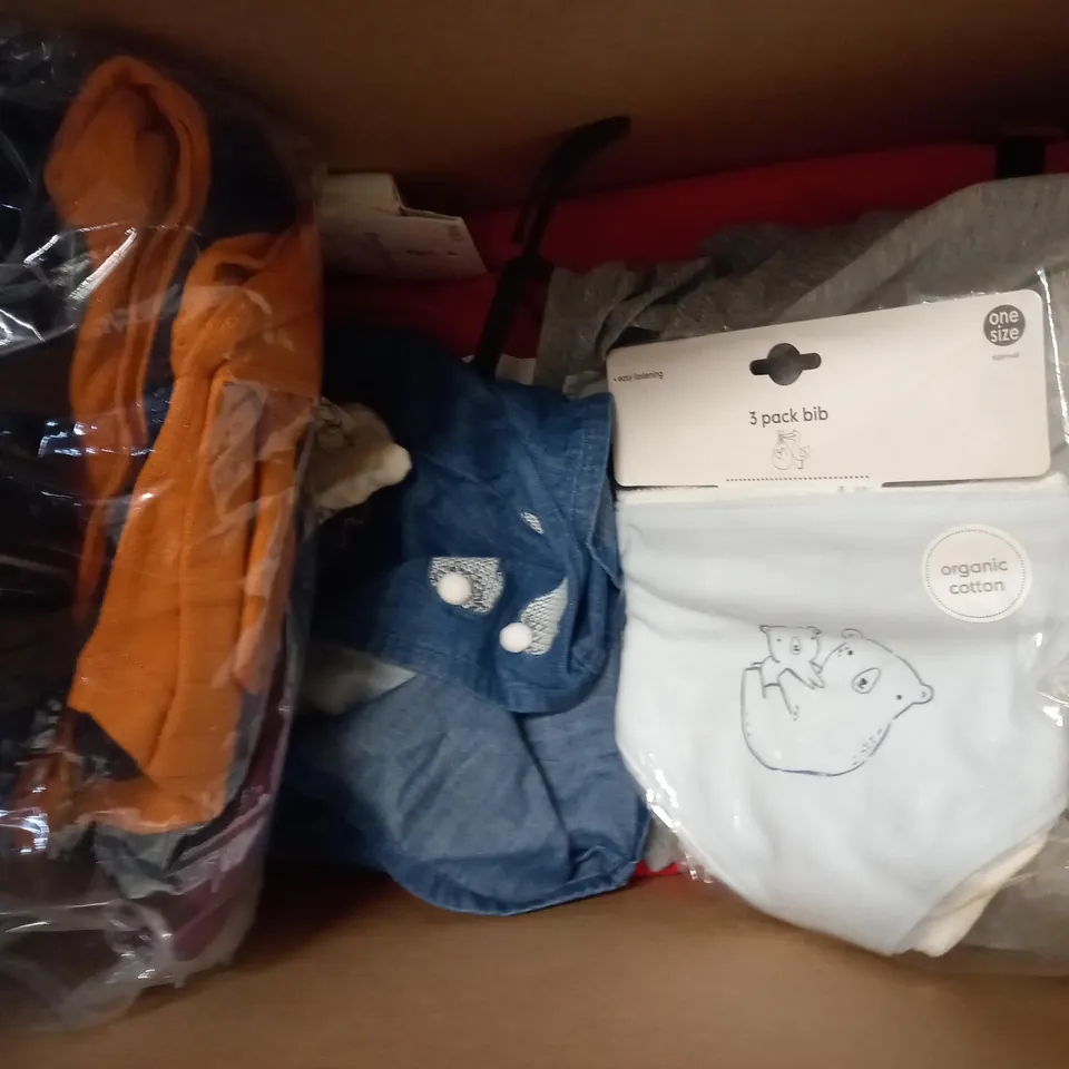 BOX OF APPROXIMATELY 10 ASSORTED CLOTHING AND FASHION ITEMS OF VARIOUS COLOURS AND STYLES TO INCLUDE JOJO MAMAN BEBE, POCKET & ROSE, ETC