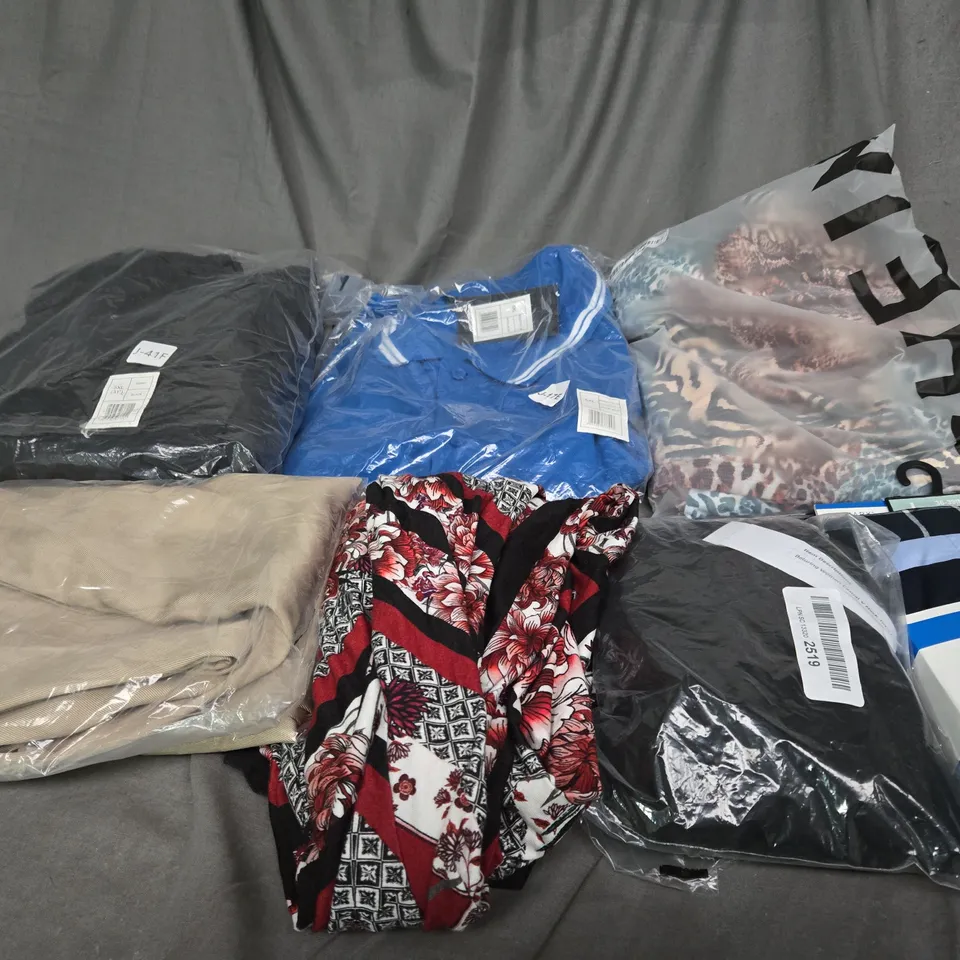 BOX OF ASSORTED CLOTHING ITEMS IN VARIOUS COLOURS, STYLE AND SIZES 