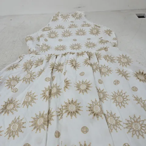 THE VERY COLLECTION WHITE EVENING DRESS WITH GOLD SUNBURST EMBROIDERY, UK SIZE 16