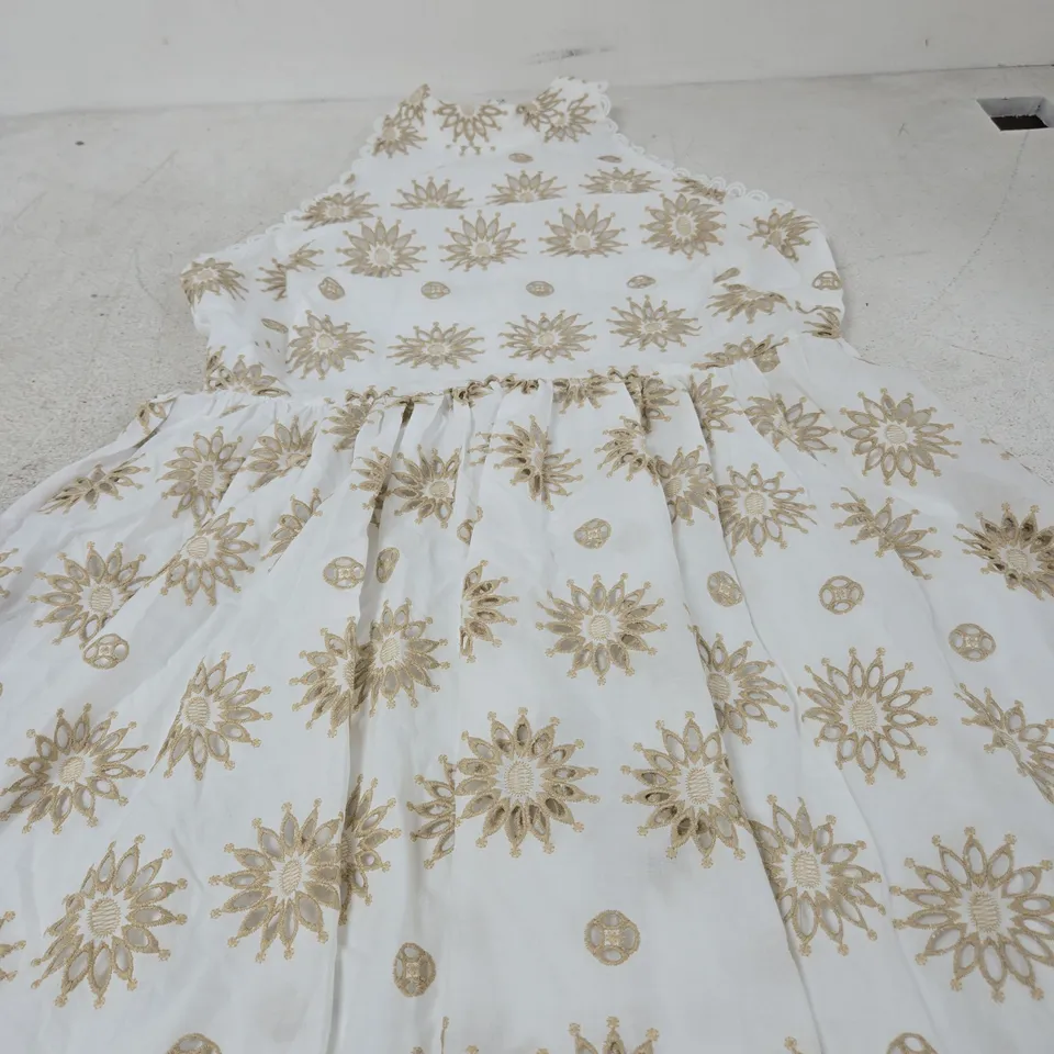 THE VERY COLLECTION WHITE EVENING DRESS WITH GOLD SUNBURST EMBROIDERY, UK SIZE 16