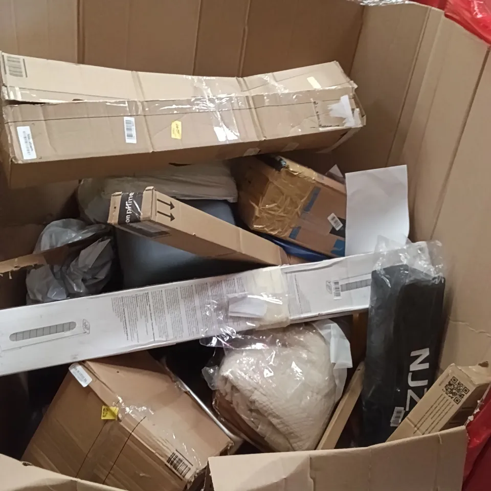 PALLET OF ASSORTED HOUSEHOLD GOODS AND PRODUCTS TO INCLUDE; TOWER FAN, BOXED FURNITURE ETC