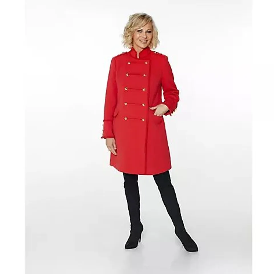 JM FASHION BY JULIEN MACDONALD MIDI LENGTH DRUMMER COAT- RED SIZE 14