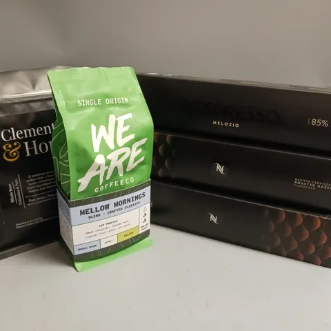 BOX OF APPROX 8 ASSORTED FOOD ITEMS TO INCLUDE - NESPRESSO CUPS IN MELOZIO AND ROASTED HAZELNUT - SINGLE ORIGIN COFFEE BEANS - CLEMENTS & HOPE COFFEE BEANS ETC